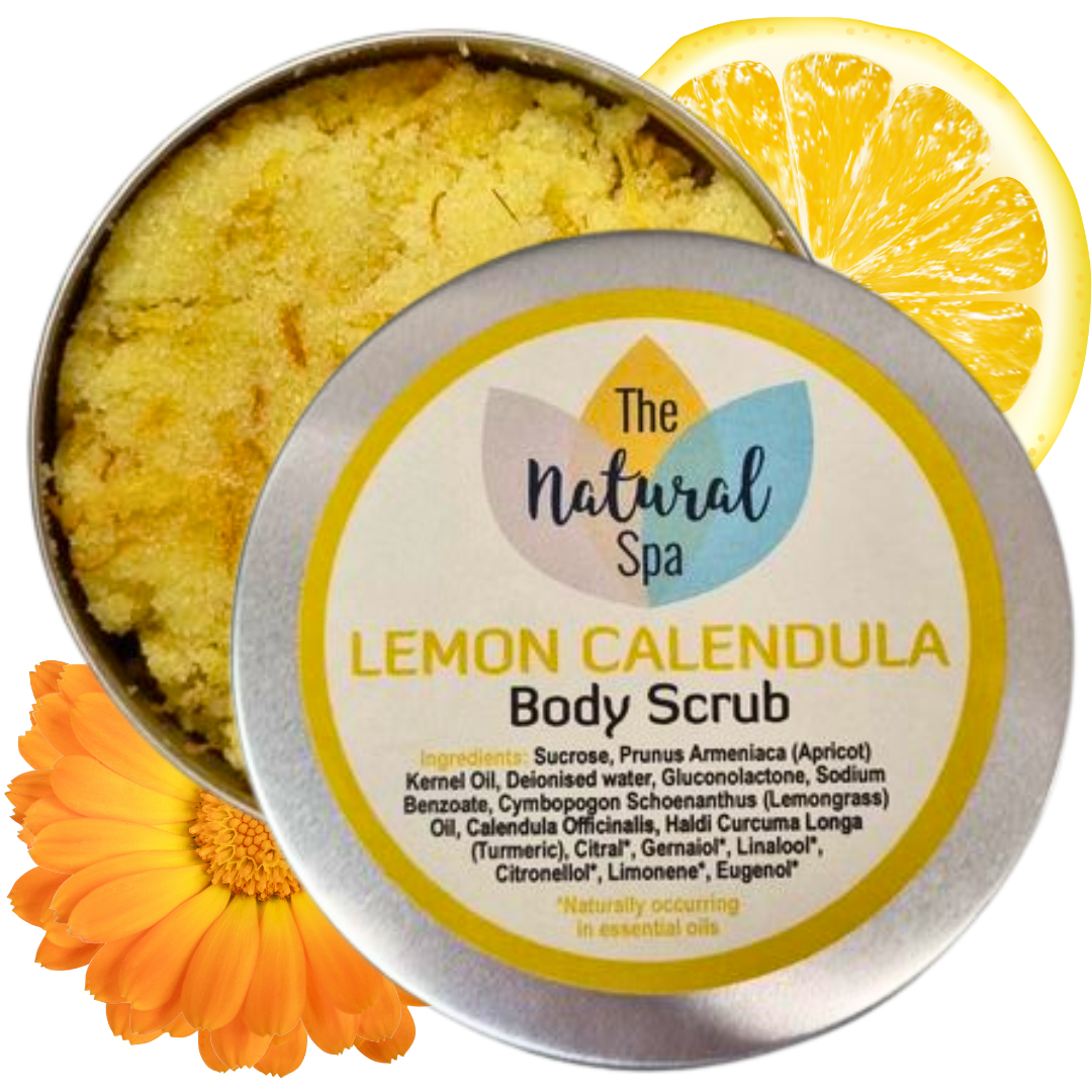 Gommage corps Citron & Calendula | Exfoliant corporel naturel au sucre pour une peau lisse et éclatante | Soin végan et sans plastique | 3 formats disponibles