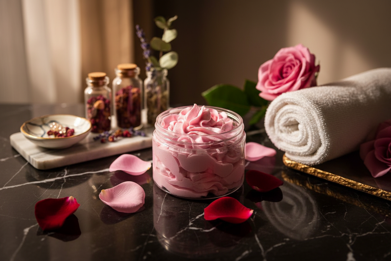 Beurre corporel végétalien infusé à la rose 12oz.